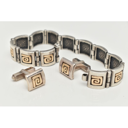 66 - A BI COLOUR GREEK BRACELET AND CUFFLINKS, a white metal bracelet comprised of twelve square panels, ... 