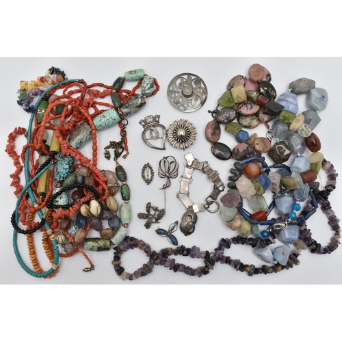 72 - A BAG OF ASSORTED SEMI-PRECIOUS GEMSTONE JEWELLERY AND WHITE METAL JEWELLERY, to include an amethyst... 