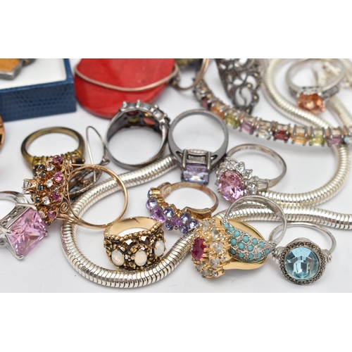 73 - A BAG OF ASSORTED JEWELLERY, to include a semi-precious gemstone set hinged bangle, with oval cut ga... 