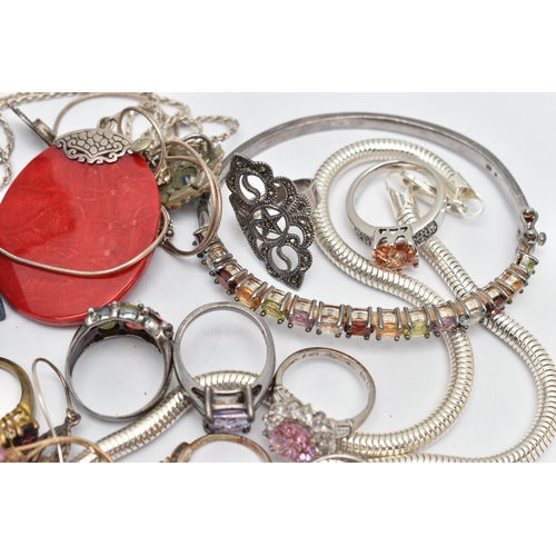 73 - A BAG OF ASSORTED JEWELLERY, to include a semi-precious gemstone set hinged bangle, with oval cut ga... 