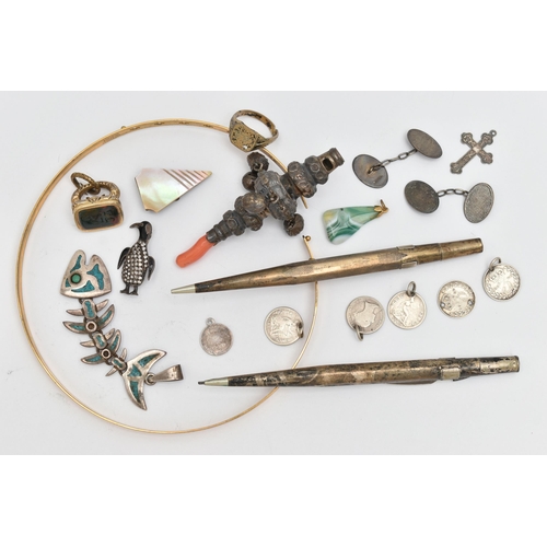 77 - ASSORTED ITEMS, to include a late Victorian silver baby rattle, fitted with four bells, a whistle an... 