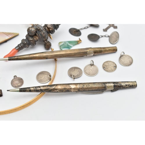 77 - ASSORTED ITEMS, to include a late Victorian silver baby rattle, fitted with four bells, a whistle an... 