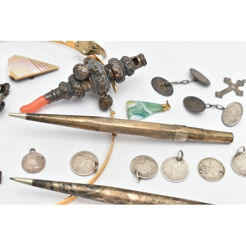 77 - ASSORTED ITEMS, to include a late Victorian silver baby rattle, fitted with four bells, a whistle an... 