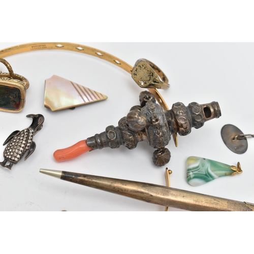 77 - ASSORTED ITEMS, to include a late Victorian silver baby rattle, fitted with four bells, a whistle an... 