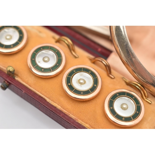 82 - A CASED SET OF DRESS STUDS, BANGLE AND A PROPELLING PENCIL CASE, six rose metal round studs, each de... 