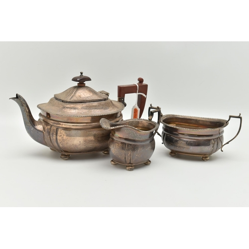 102 - A MID 20TH CENTURY SILVER TEA SET, three piece set comprising of a teapot, double handled sugar bowl... 