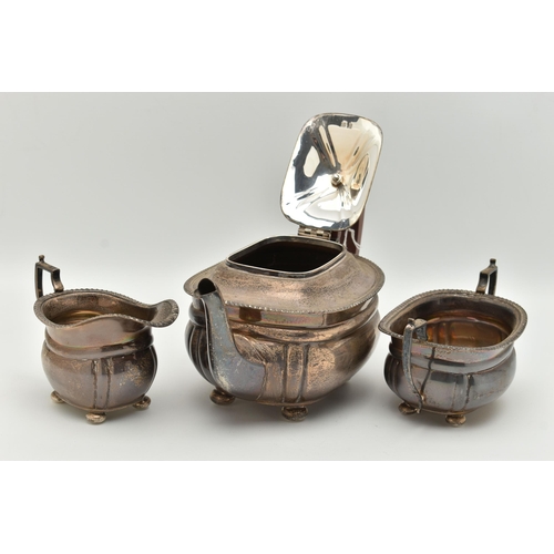 102 - A MID 20TH CENTURY SILVER TEA SET, three piece set comprising of a teapot, double handled sugar bowl... 