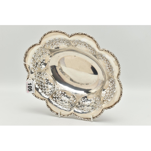 105 - A GEORGE V DISH, scalloped oval dish with scrolled foliate detail to the rim, pierced detail, approx... 