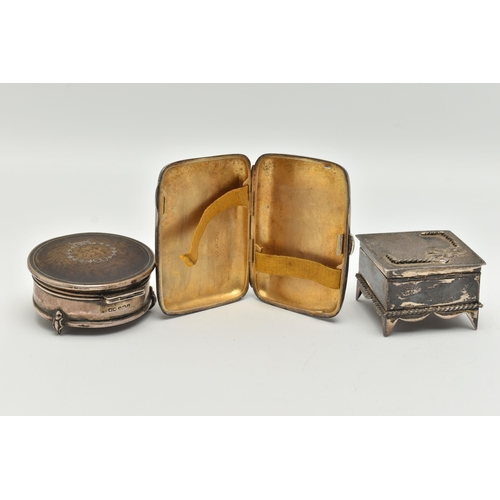 109 - A SILVER CIGARETTE CASE AND TWO TRINKET BOXES, rounded rectangular cigarette case with engine turned... 