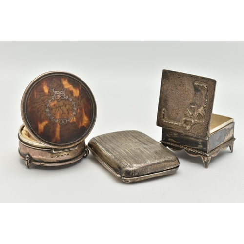 109 - A SILVER CIGARETTE CASE AND TWO TRINKET BOXES, rounded rectangular cigarette case with engine turned... 