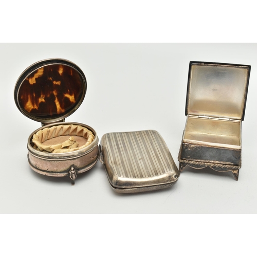 109 - A SILVER CIGARETTE CASE AND TWO TRINKET BOXES, rounded rectangular cigarette case with engine turned... 