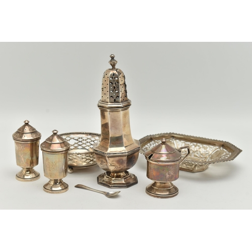 110 - ASSORTED SILVER ITEMS, to include a polished octagonal form sugar caster with pierced cover, hallmar... 