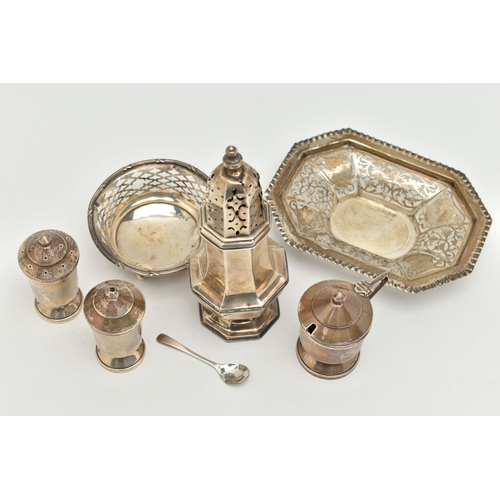 110 - ASSORTED SILVER ITEMS, to include a polished octagonal form sugar caster with pierced cover, hallmar... 