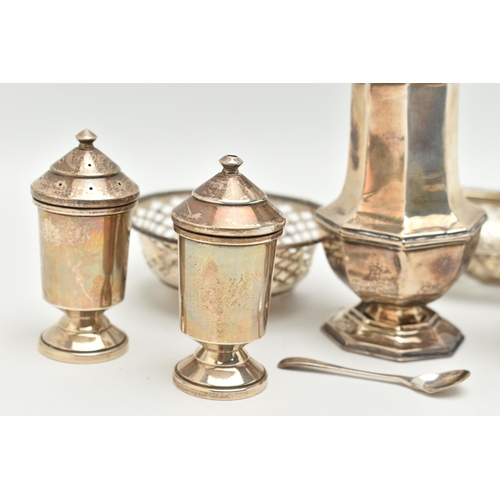 110 - ASSORTED SILVER ITEMS, to include a polished octagonal form sugar caster with pierced cover, hallmar... 