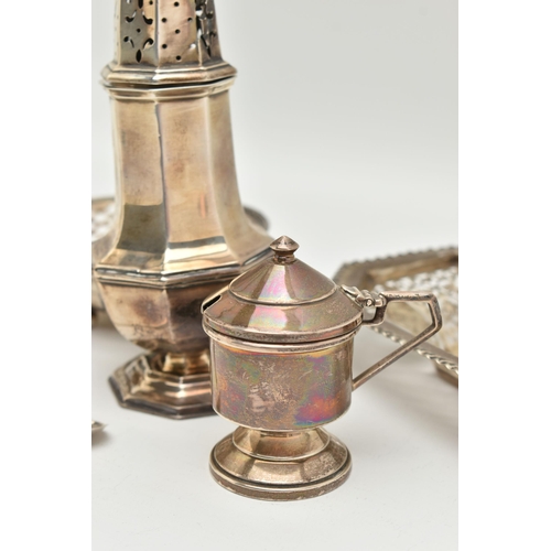 110 - ASSORTED SILVER ITEMS, to include a polished octagonal form sugar caster with pierced cover, hallmar... 