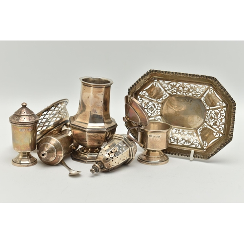 110 - ASSORTED SILVER ITEMS, to include a polished octagonal form sugar caster with pierced cover, hallmar... 