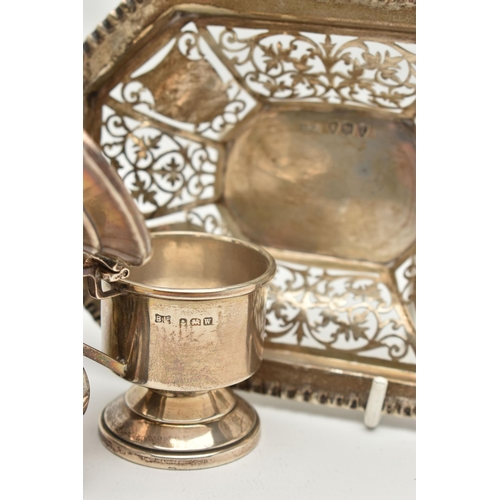 110 - ASSORTED SILVER ITEMS, to include a polished octagonal form sugar caster with pierced cover, hallmar... 