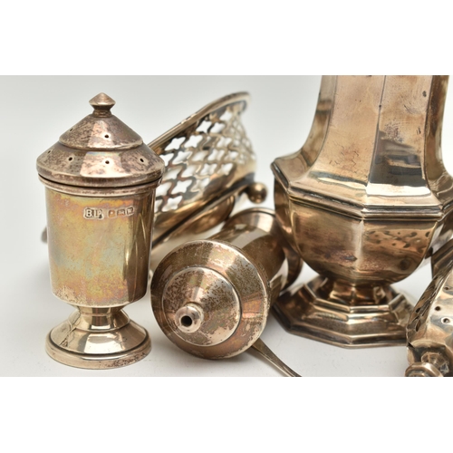 110 - ASSORTED SILVER ITEMS, to include a polished octagonal form sugar caster with pierced cover, hallmar... 