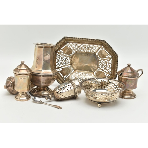 110 - ASSORTED SILVER ITEMS, to include a polished octagonal form sugar caster with pierced cover, hallmar... 