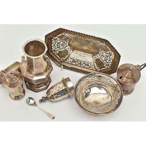 110 - ASSORTED SILVER ITEMS, to include a polished octagonal form sugar caster with pierced cover, hallmar... 