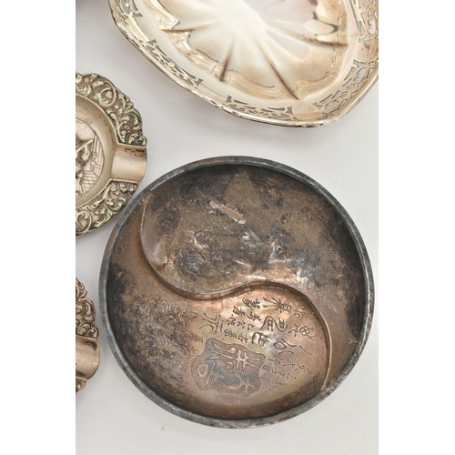 112 - ASSORTED WHITE METAL ITEMS, to include a continental white metal oval ashtray with embossed street s... 