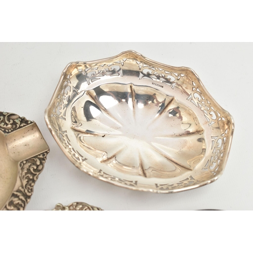 112 - ASSORTED WHITE METAL ITEMS, to include a continental white metal oval ashtray with embossed street s... 