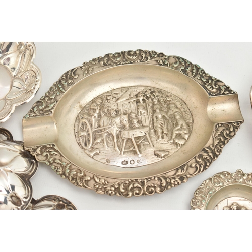 112 - ASSORTED WHITE METAL ITEMS, to include a continental white metal oval ashtray with embossed street s... 