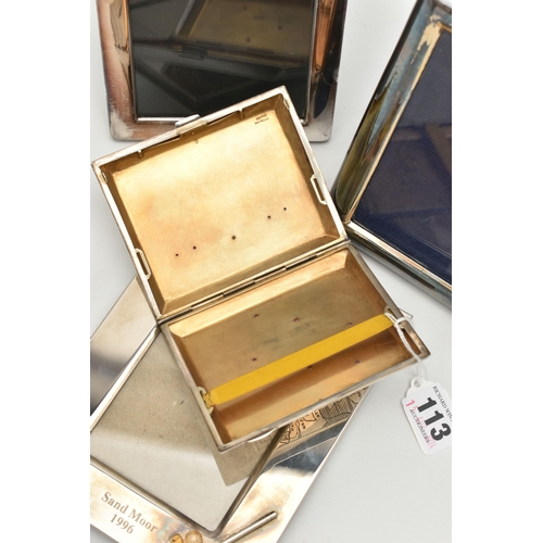 113 - A WHITE METAL CIGARETTE CASE AND PHOTO FRAMES, the cigarette case engraved depicting the Taj Mahal I... 