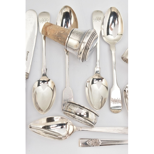 114 - AN ASSORTMENT OF SILVERWARE, to include a silver bottle stop, hallmarked 'L J Millington' Birmingham... 