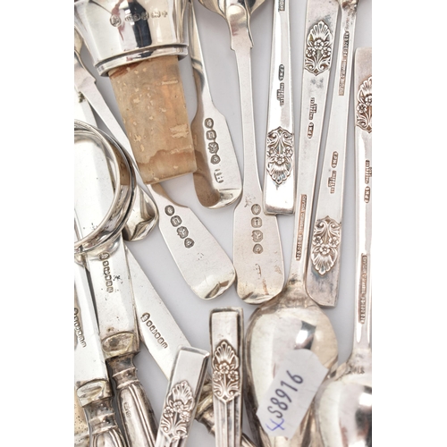 114 - AN ASSORTMENT OF SILVERWARE, to include a silver bottle stop, hallmarked 'L J Millington' Birmingham... 