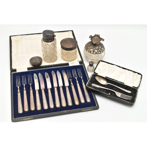 115 - A BOX OF ASSORTED SILVER ITEMS, to include a cased silver christening set including fork and spoon, ... 