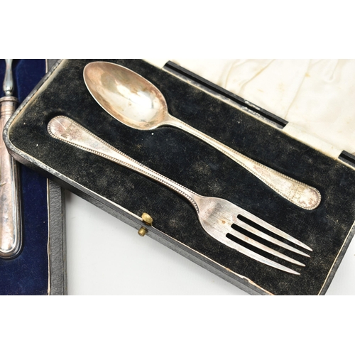 115 - A BOX OF ASSORTED SILVER ITEMS, to include a cased silver christening set including fork and spoon, ... 