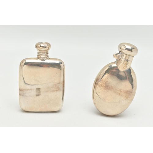 117 - TWO SILVER MINI HIP FLASKS, the first a late Victorian oval polished flask, with hinged dome cover, ... 