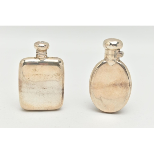 117 - TWO SILVER MINI HIP FLASKS, the first a late Victorian oval polished flask, with hinged dome cover, ... 