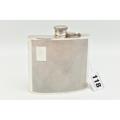 118 - AN ELIZABETH II SILVER HIP FLASK, curved square from, engine turned pattern with vacant cartouche, s... 