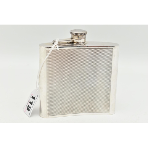 118 - AN ELIZABETH II SILVER HIP FLASK, curved square from, engine turned pattern with vacant cartouche, s... 