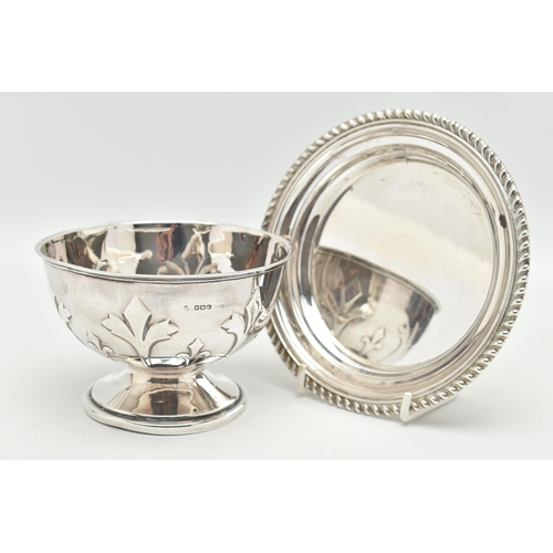 121 - A SIVER ROSE BOWL AND A DISH, embossed pattern to the rose bowl, on a round base, hallmarked 'James ... 