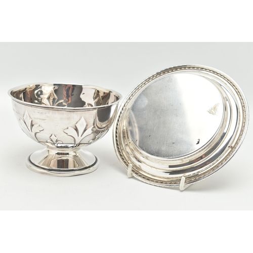 121 - A SIVER ROSE BOWL AND A DISH, embossed pattern to the rose bowl, on a round base, hallmarked 'James ... 