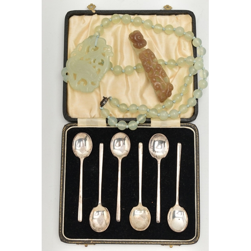 125 - A CASED SET OF SILVER COFFEE SPOONS AND HARDSTONE JEWELLERY, six silver spoons, hallmarked 'William ... 