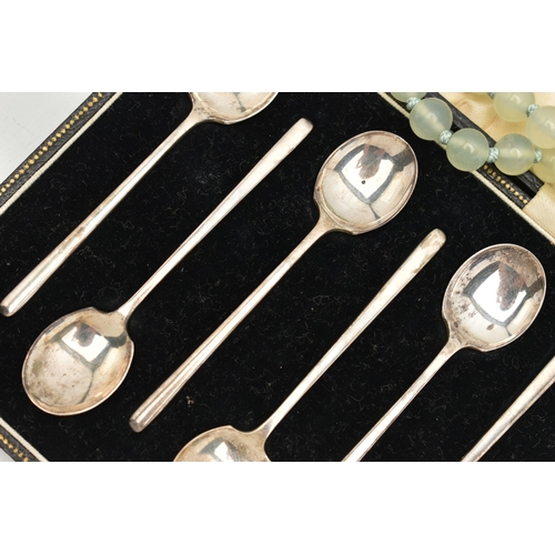 125 - A CASED SET OF SILVER COFFEE SPOONS AND HARDSTONE JEWELLERY, six silver spoons, hallmarked 'William ... 