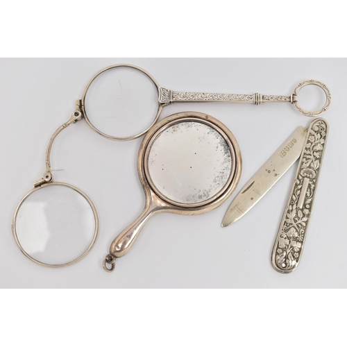 83 - A PAIR OF LORGNETTES, SMALL MIRROR AND A FRUIT KNIFE, white metal lorgnettes, unmarked, a small hand... 