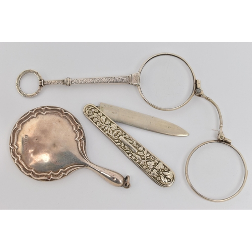 83 - A PAIR OF LORGNETTES, SMALL MIRROR AND A FRUIT KNIFE, white metal lorgnettes, unmarked, a small hand... 