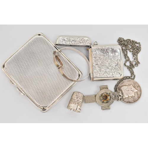 84 - AN ASSORTMENT OF SILVER ITEMS, to include a silver cigarette case, engine turned pattern, monogram e... 