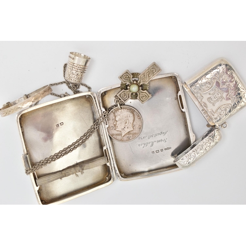 84 - AN ASSORTMENT OF SILVER ITEMS, to include a silver cigarette case, engine turned pattern, monogram e... 