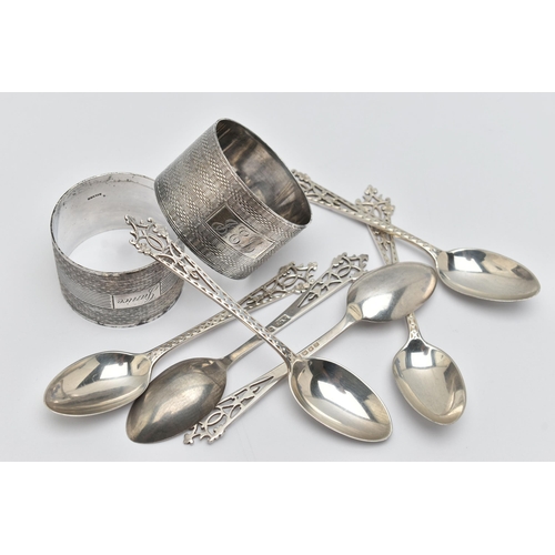 85 - AN ASSORTMENT OF SILVER ITEMS, to include a silver napkin ring, engine turned pattern and monogram e... 