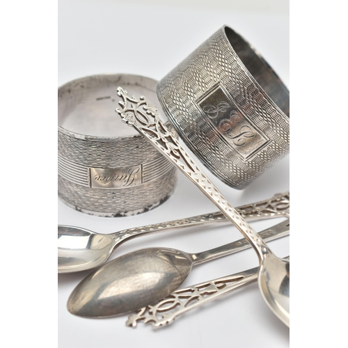 85 - AN ASSORTMENT OF SILVER ITEMS, to include a silver napkin ring, engine turned pattern and monogram e... 