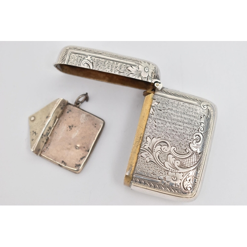 86 - AN EARLY 20TH CENTURY SILVER VESTA AND STAMP CASE, the rectangular vesta with engraved scrolling aca... 