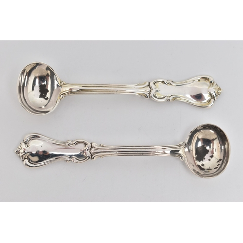 87 - TWO EARLY VICTORIAN SILVER MUSTARD SPOONS, both with Albert pattern terminals, hallmarks for Benjami... 