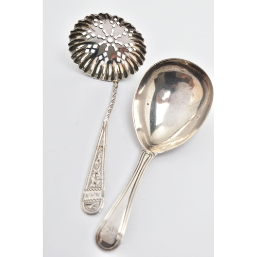 88 - TWO SILVER SPOONS, the first a George III silver caddy spoon with engraved M initial to the terminal... 