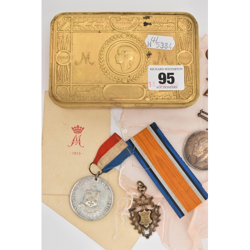 95 - A PRINCESS MARY TIN, MEDALS ETC., the rectangular Princess Mary tin dated Christmas 1914, with print... 